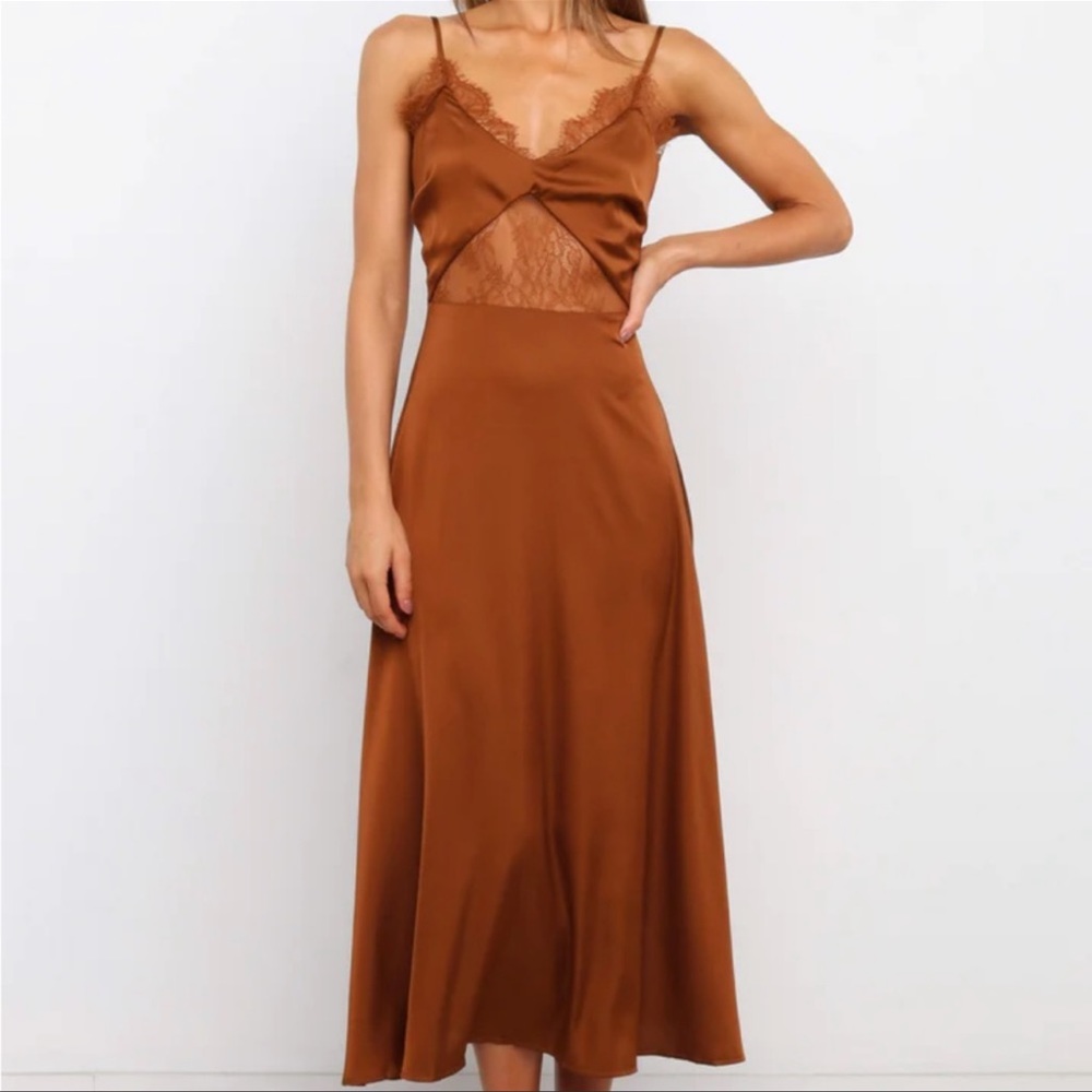Petal & Pup Rust Brown Satin Midi Slip Dress